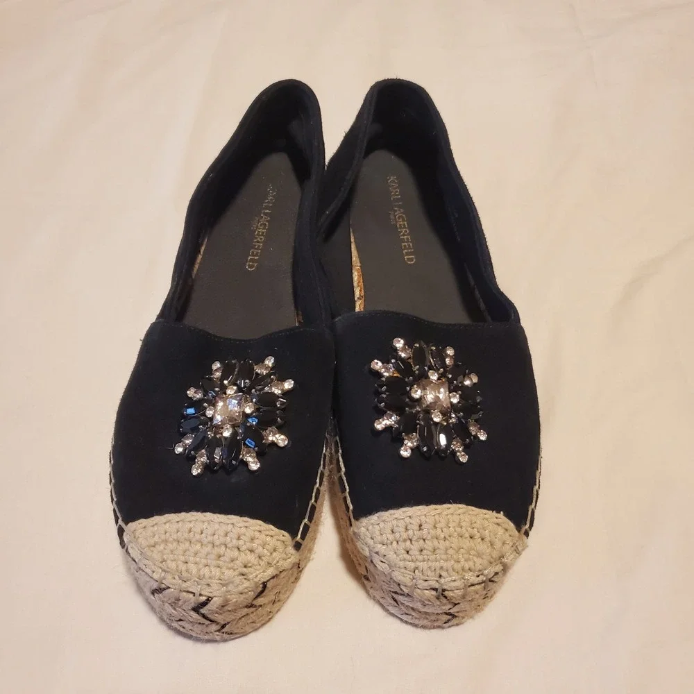 Karl Lagerfeld Paris Anja Black Suede Crystal Embellished Espadrille Flats 7M